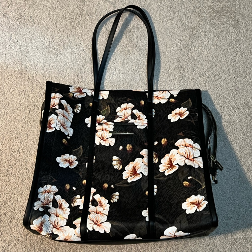 Steve Madden Black Floral Tote Bag with Cream Blossoms
